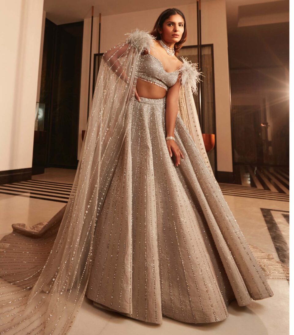 Silver and Grey Top and Skirt with feather cape
