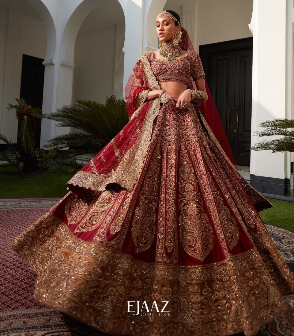 Deep Red and Antique Gold Lehenga Set